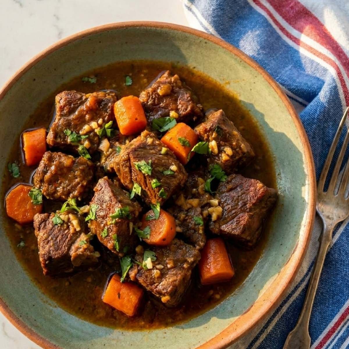 Dominican carne guisada in caldero with sofrito tomato sauce and fresh cilantro