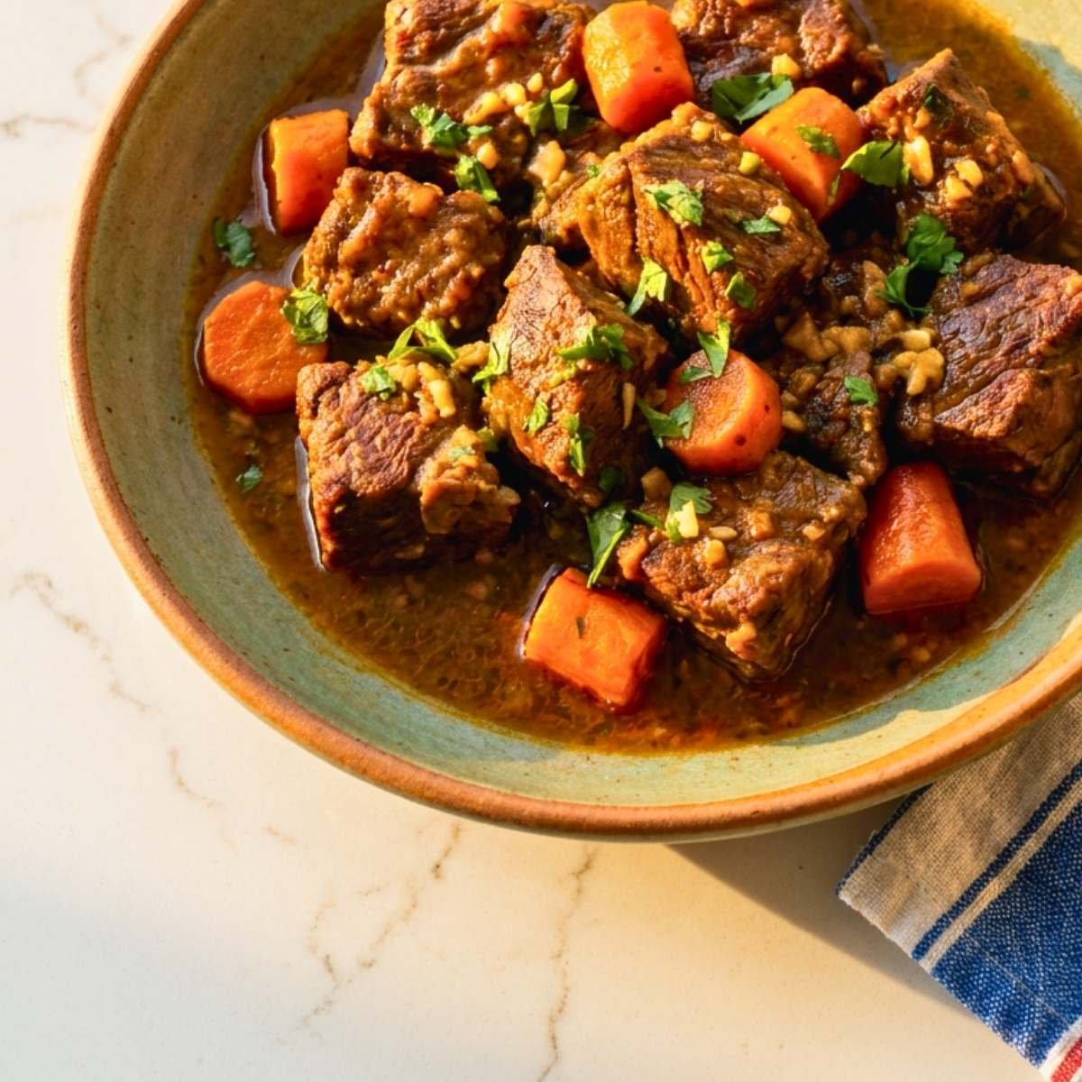 Dominican carne guisada in caldero with sofrito tomato sauce and fresh cilantro