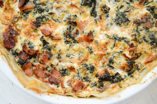 Potato crusted spinach and bacon quiche