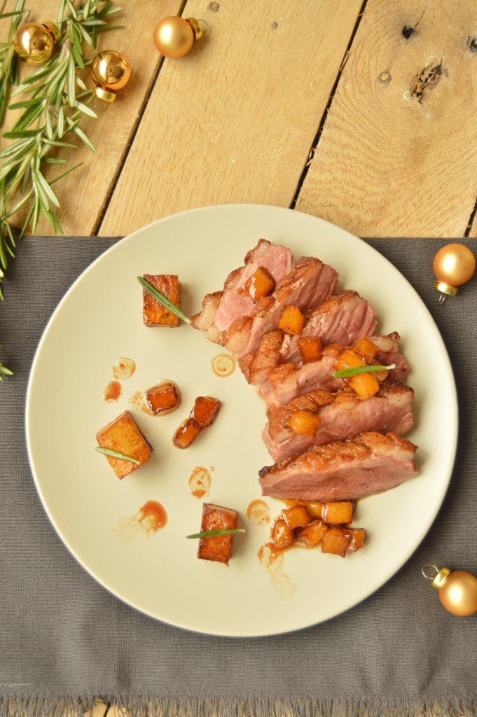 Pan seared duck breast with rosemary caramelized apples