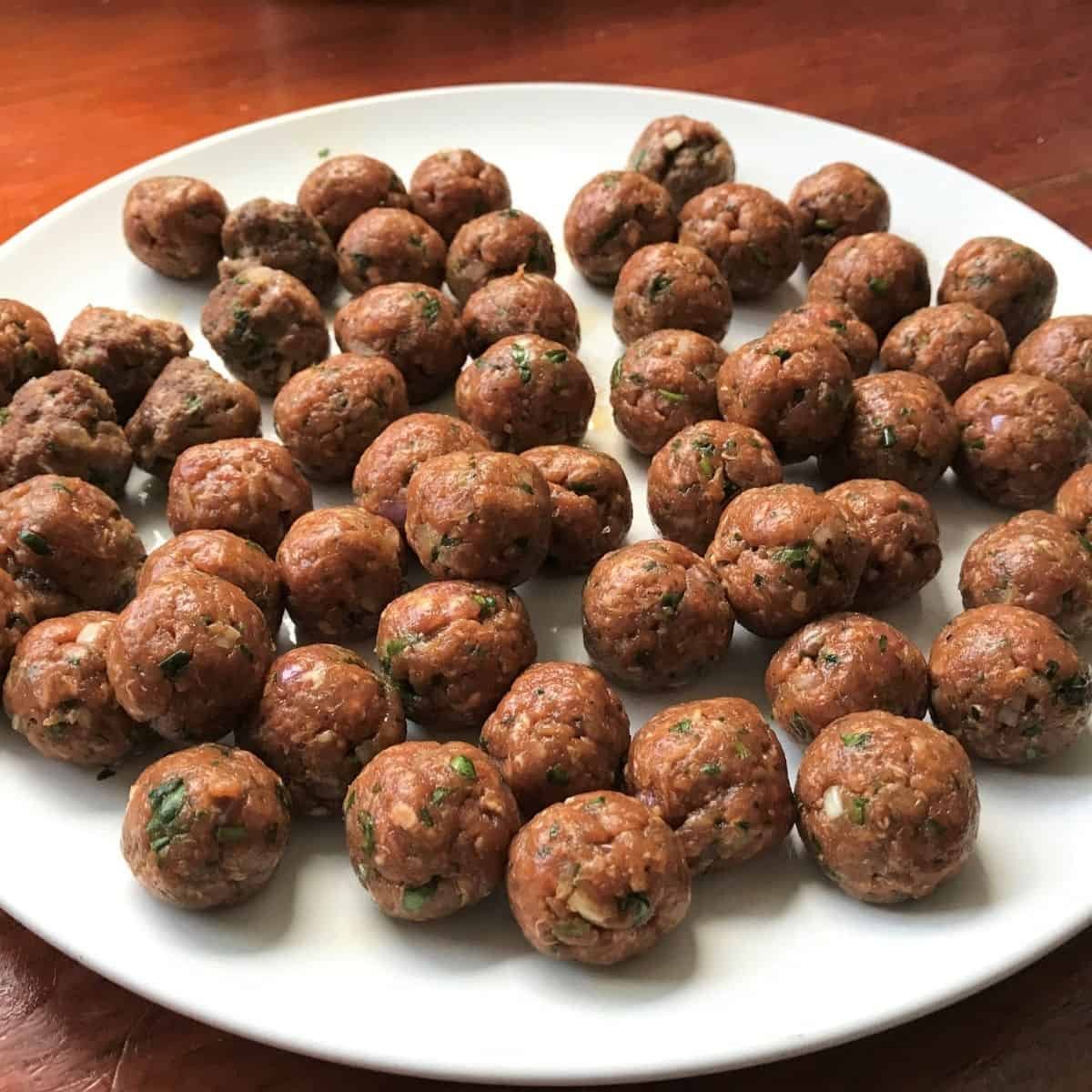 Savory homemade pet meatball treats for dogs and cats, made with fresh ingredients and herbs, perfect for healthy pet snacking and training, served on a white plate.