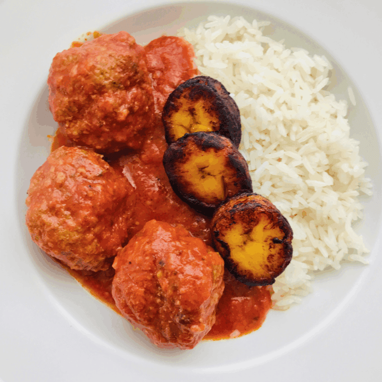 Dominican Meatballs in Tomato Sauce Albóndigas Dominicanas with Yellow Plantains