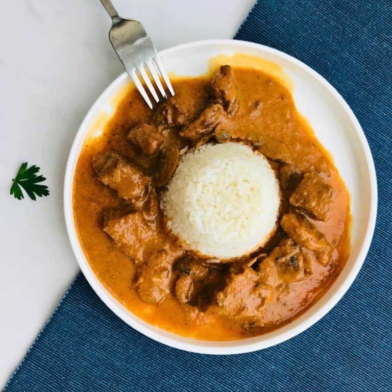Savory beef stew with rice in a white bowl, served with fork on a white surface, healthy pet food idea, perfect for dogs and cats, pet-friendly nutritious meal from Petit Gourmet.