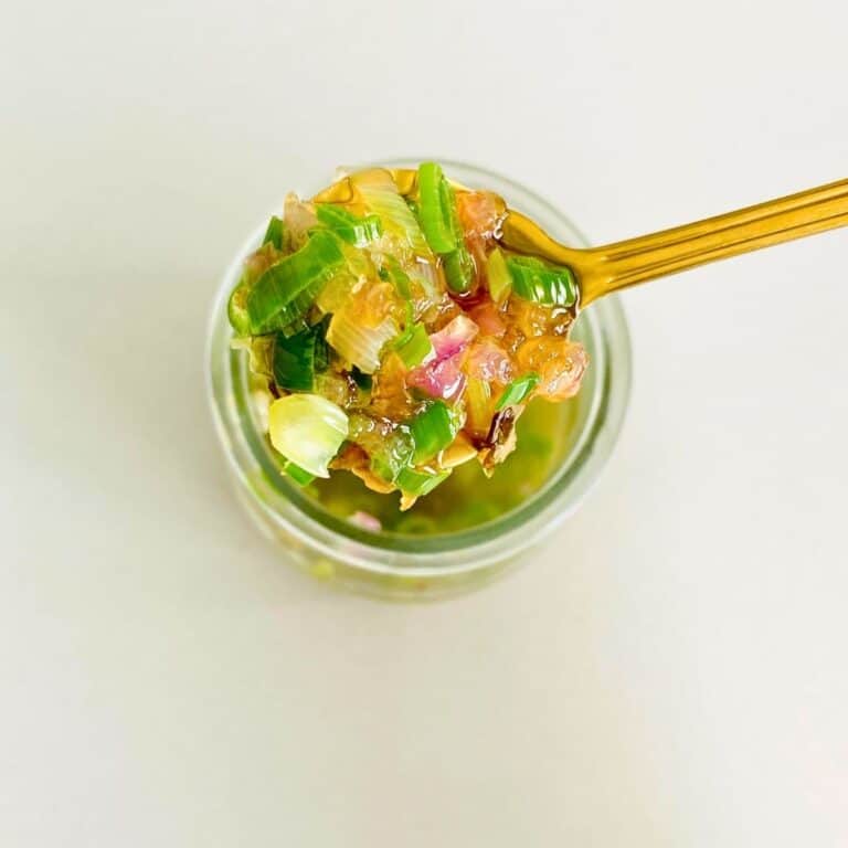 Hearty homemade pet food with chopped green onions in a glass jar, showcasing fresh, nutritious ingredients for pets at Petit Gourmet.