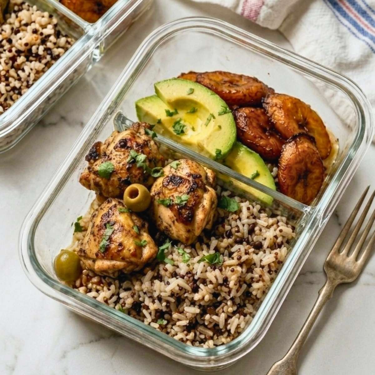 High protein rice (17g per serving): the dominican upgrade for your everyday side 2 High protein rice meal prep in glass containers with chicken and avocado - Dominican bandera macro plate - Strength and Sazón